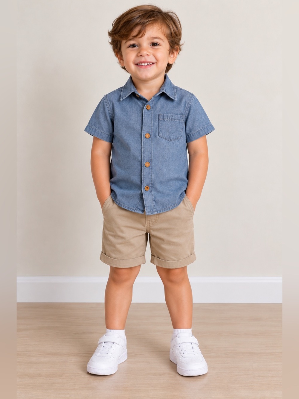 Carter’s 24M Blue Chambray Short Sleeve Button-Up Shirt with Chest Pocket